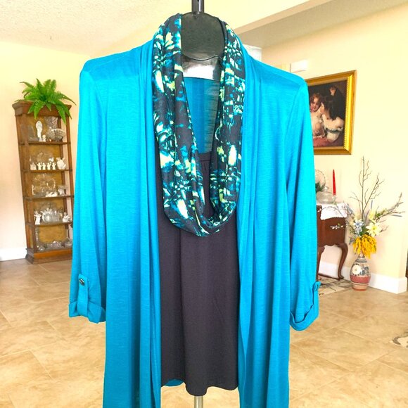 NWOT Coral Bay 3 Piece Attached Open Front Teal Sweater, Tank & Scarf size Large - Picture 2 of 8